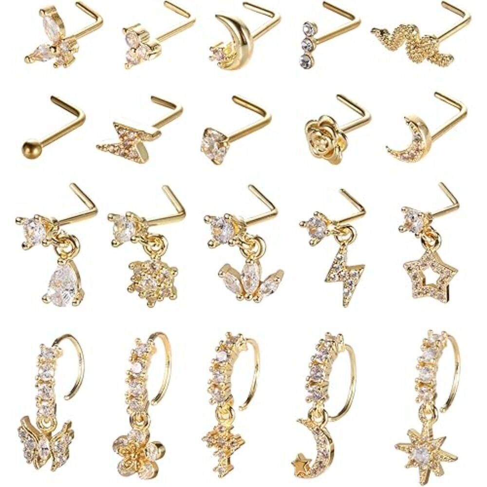 SAMOCO 20Pcs 20G L Shaped Dangle Nose Rings Stainless Steel CZ Flower Studs